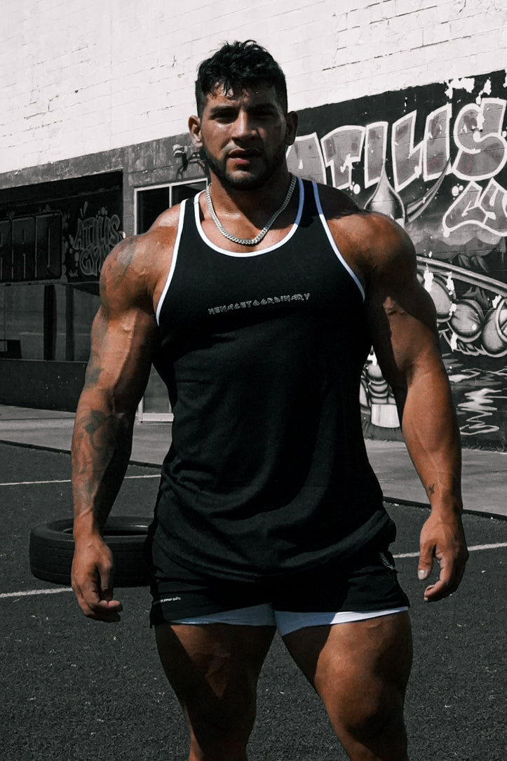Fast-Dry Bodybuilding Workout Stringer - Black w White Trim
