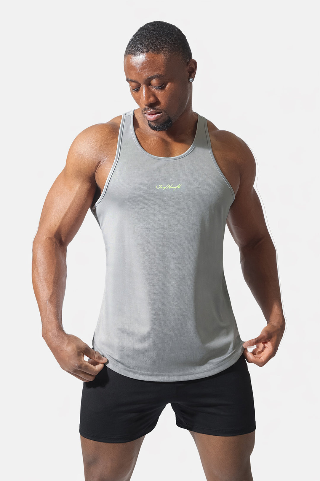 Fast-Dry Bodybuilding Workout Stringer - Light Gray w/ Neon Logo