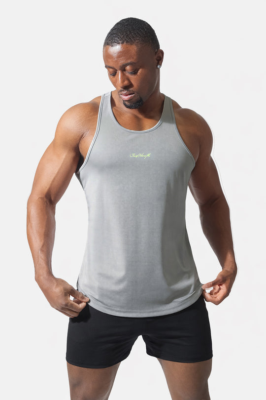 Fast-Dry Bodybuilding Workout Stringer - Light Gray w/ Neon Logo