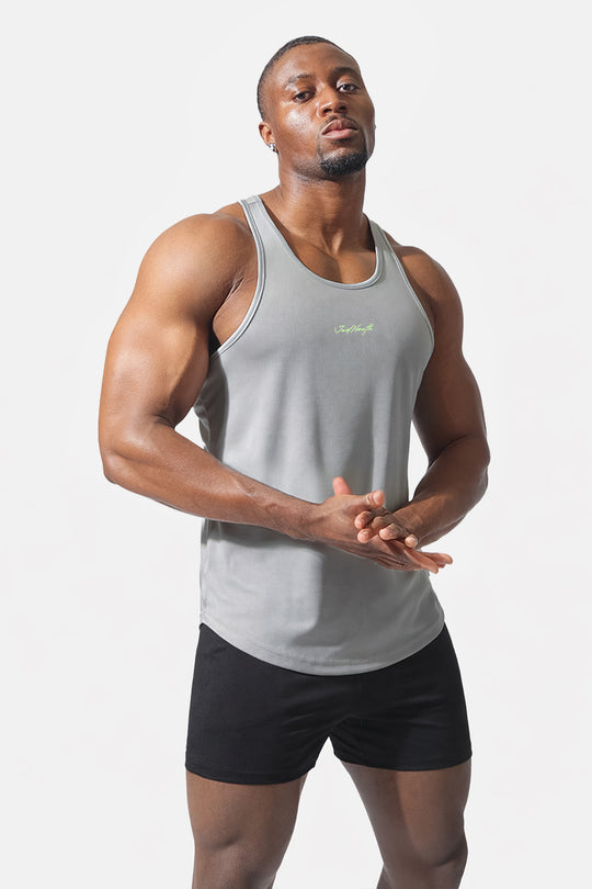 Fast-Dry Bodybuilding Workout Stringer - Light Gray w/ Neon Logo