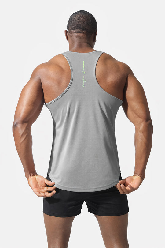 Fast-Dry Bodybuilding Workout Stringer - Light Gray w/ Neon Logo