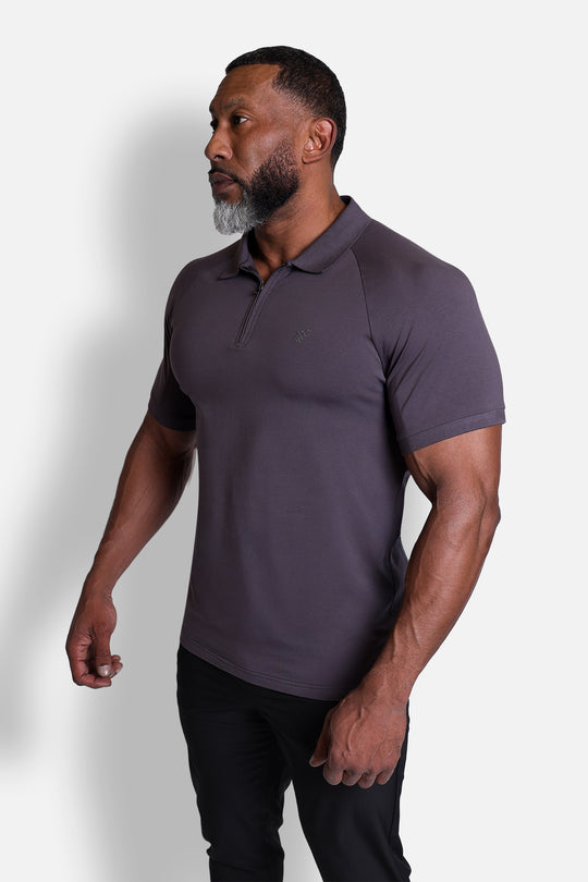 Zip-Up Muscle-Fit Collared Tee - Gray