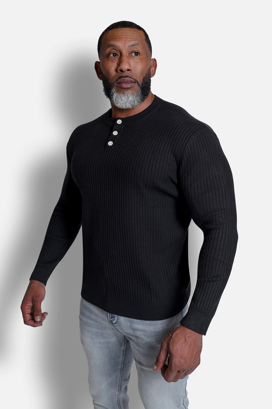 Ribbed Henley Collar Longsleeve  - Black