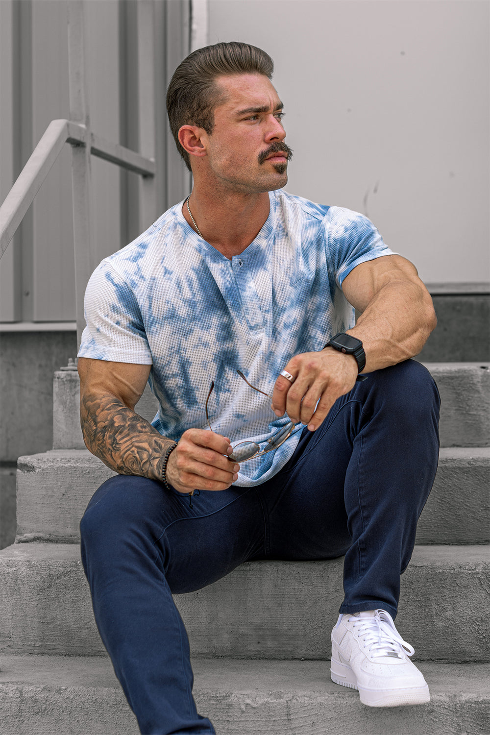 Waffle Henley T-Shirt - Blue Tie Dye