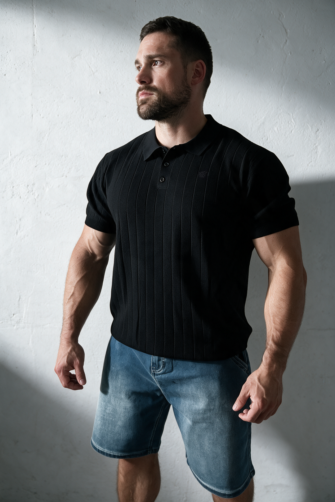 Rib Knit Collared Polo  - Onyx Black
